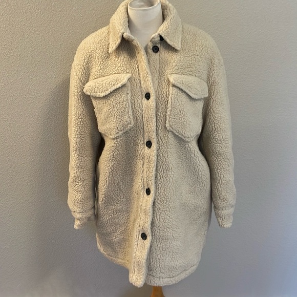 Allsaints US6 dark cream heavy sherpa button-down shacket coat - Picture 1 of 8